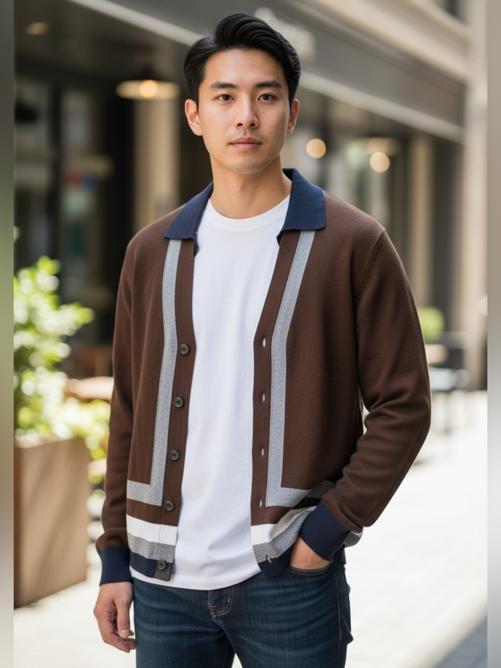 Ben Sherman Brown Cardigan with Navy Trim and Gray-White Accents